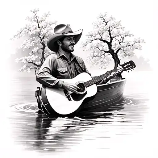 A realistic portrait of a country music singer playing a guitar on a fishing boat, with a dogwood tree growing out of the water tattoo design idea