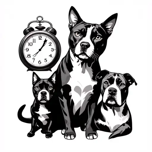 1 cat and 2 pitbull dogs between 3 clocks sleeve tattoo tattoo design idea