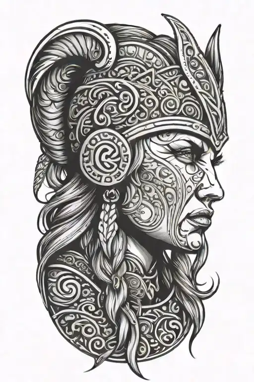 viking woman face profil tattoo design idea