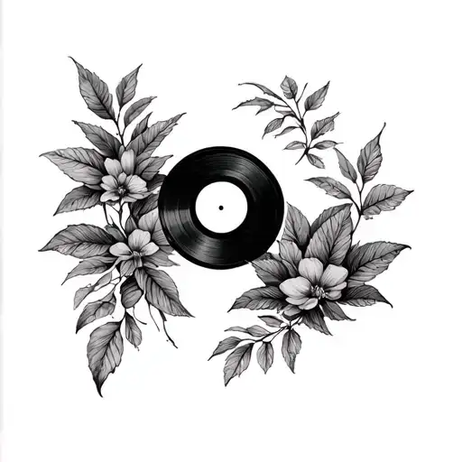 black and white vinyl record tattoo with nature tattoo design idea