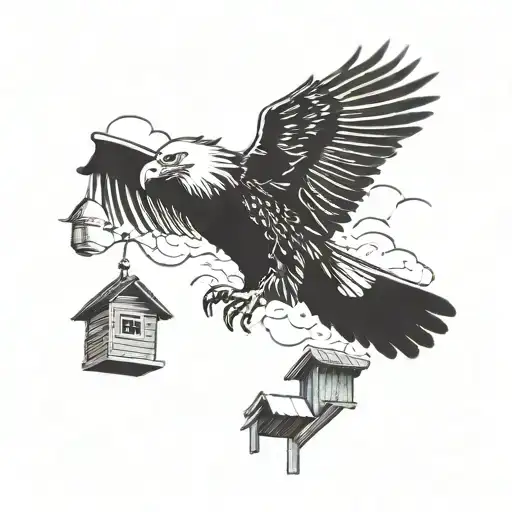 an eagle flying above a chicken coop with three baby birds looking up at the eagle silhouette style tattoo design idea