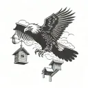 an eagle flying above a chicken coop with three baby birds looking up at the eagle silhouette style tattoo design idea