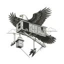 an eagle flying above a chicken coop with three baby birds looking up at the eagle silhouette style tattoo design idea