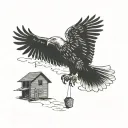 an eagle flying above a chicken coop with three baby birds looking up at the eagle silhouette style tattoo design idea
