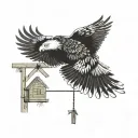 an eagle flying above a chicken coop with three baby birds looking up at the eagle silhouette style tattoo design idea