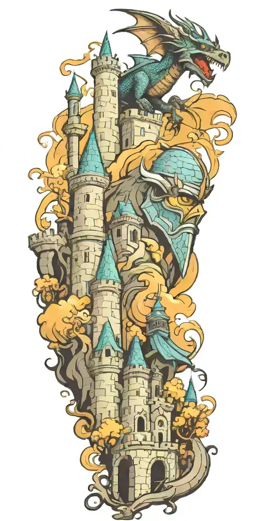 fantasy scene with castle, dragon, knight helmet and wizard tattoo design idea