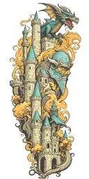 fantasy scene with castle, dragon, knight helmet and wizard tattoo design idea