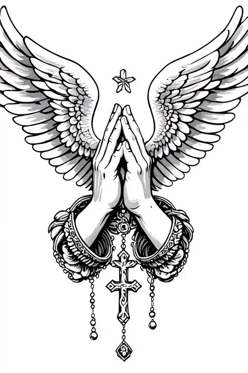 Praying Hands, Rosary beads intertwined with cross, Wings, Realism tattoo design idea