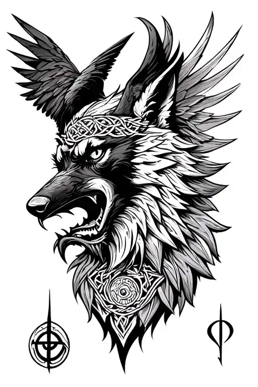 A Valkyrie bust, A raven with Odin's eyeball hanging from his beak, and A Snarling Fenrir wolf. Nordic Runes and celtic tattoo design idea