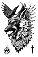 A Valkyrie bust, A raven with Odin's eyeball hanging from his beak, and A Snarling Fenrir wolf. Nordic Runes and celtic tattoo design idea