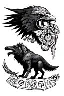 A Valkyrie bust, A raven with Odin's eyeball hanging from his beak, and A Snarling Fenrir wolf. Nordic Runes and celtic tattoo design idea