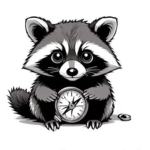 cute racoon sitting holding a compass tattoo design idea