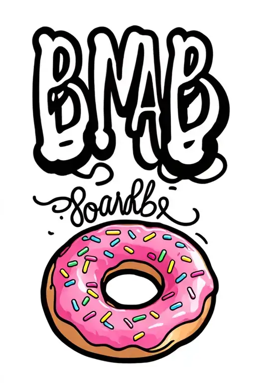 pink glazed sprinkle donut with the initials BMAB above it in black writing tattoo design idea