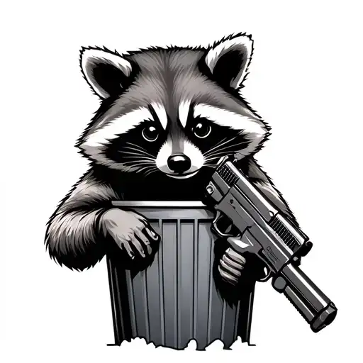 raccoon holding machine gun out of a trash can tattoo design idea