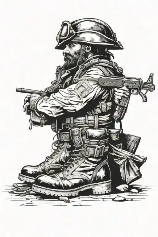 battle scene in iraq with boots rifle dog tags and helmet with pirate ship tattoo design idea