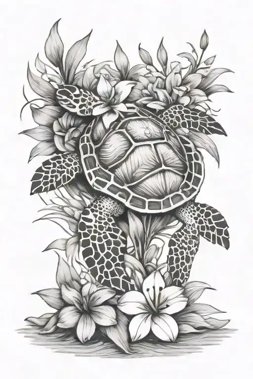 sea turtle with tracks going and tiger lily flower tattoo design idea