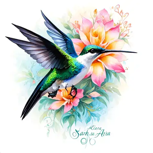 "Sarah Kiera Aurora Aria" humming bird flying tattoo design idea