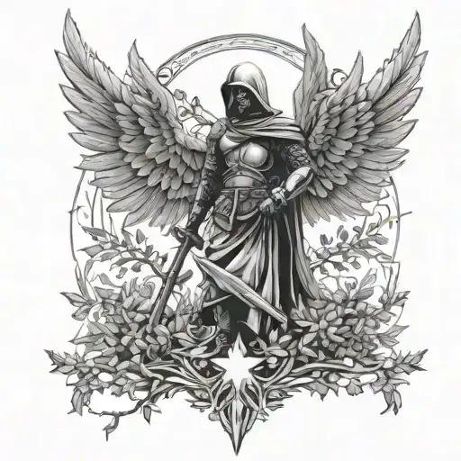 Winged soldier from linkin Park with olive tree of life tattoo design idea
