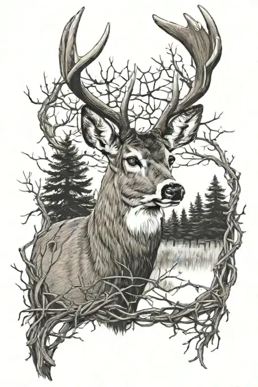 whitetail buck, barbed wire, and trees tattoo design idea