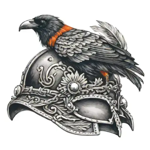 A veteran's helmet adorned with crow feathers and flames tattoo design idea