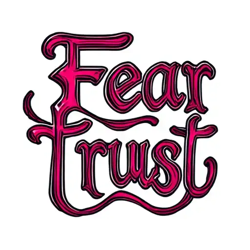 tattoo of the words"Fear" and "Trust" in a stylized, outlined reddish-pink font. "fear" is positioned below on the left  tattoo design idea