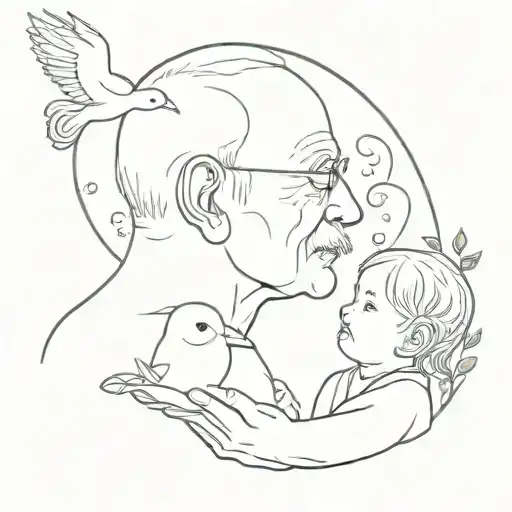 grandad with his granddaughter with a inifinity sign and a dove holding a little plant in his mouth tattoo design idea