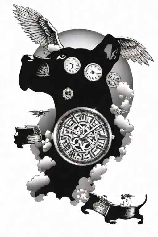 memorial tattoo with the face of a pitbull with a acient stop clock and angels winds with clouds and heaven stairs with  tattoo design idea