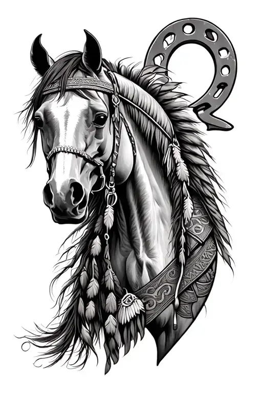 western sleeve tattoo featuring horses, horseshoes, jackpots, native chief skull, &tooled leather in the empty spots tattoo design idea