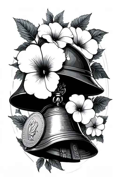 Morning Glories, a silver coin, a bell, and a military helmet. tattoo design idea