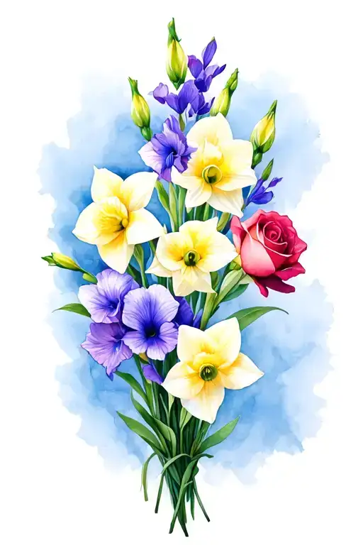 gladiolus, daffodil, rose, sweet pea family birth flower bouquet tattoo design idea