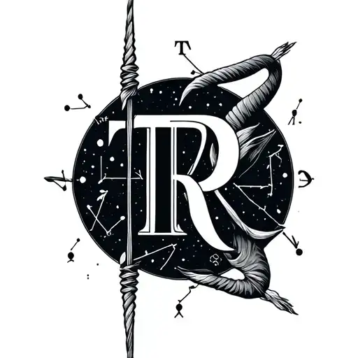 Sagittarius bow intertwined with the letters T and R with capricorn constellation as background  tattoo design idea