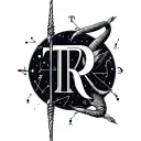 Sagittarius bow intertwined with the letters T and R with capricorn constellation as background  tattoo design idea