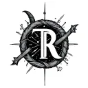 Sagittarius bow intertwined with the letters T and R with capricorn constellation as background  tattoo design idea