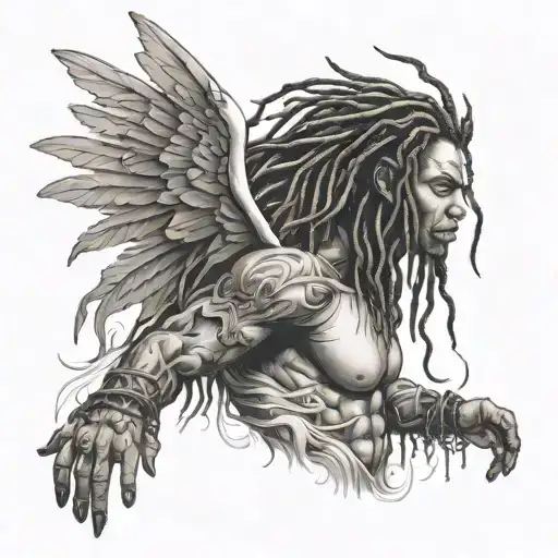 angel with dreads fighting demons tattoo design idea