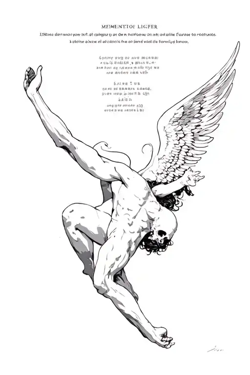 LUCIFER FALLING ANGEL WITH TEXT MEMENTO MORI, JAPANSE ART, HIS BACK WINGS, ON ARM  tattoo design idea
