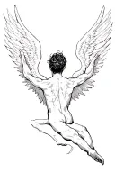 LUCIFER FALLING ANGEL WITH TEXT MEMENTO MORI, JAPANSE ART, HIS BACK WINGS, ON ARM  tattoo design idea