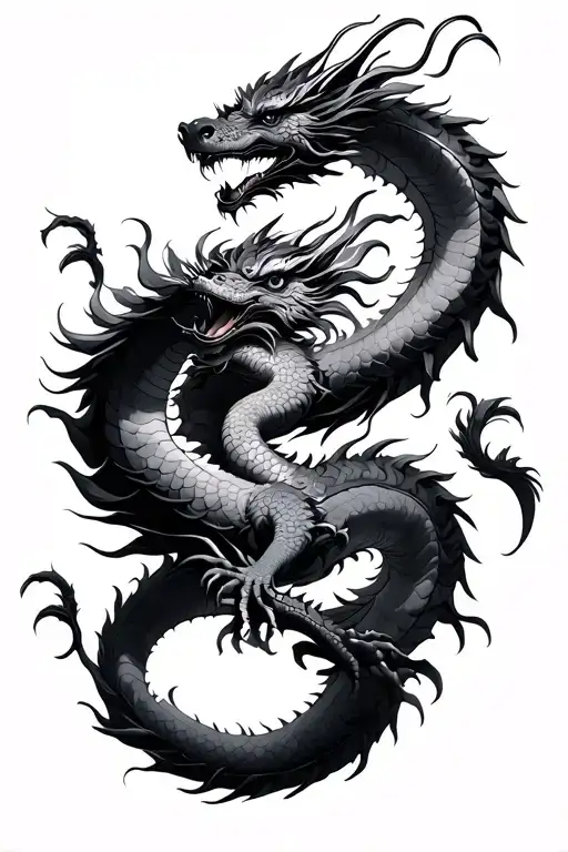 2 coiling Chinese dragons flying tattoo design idea
