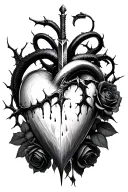 Dagger piercing a realistic bleeding heart ensnared by black roses with thorns. Add a black mamba tattoo design idea