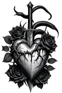 Dagger piercing a realistic bleeding heart ensnared by black roses with thorns. Add a black mamba tattoo design idea