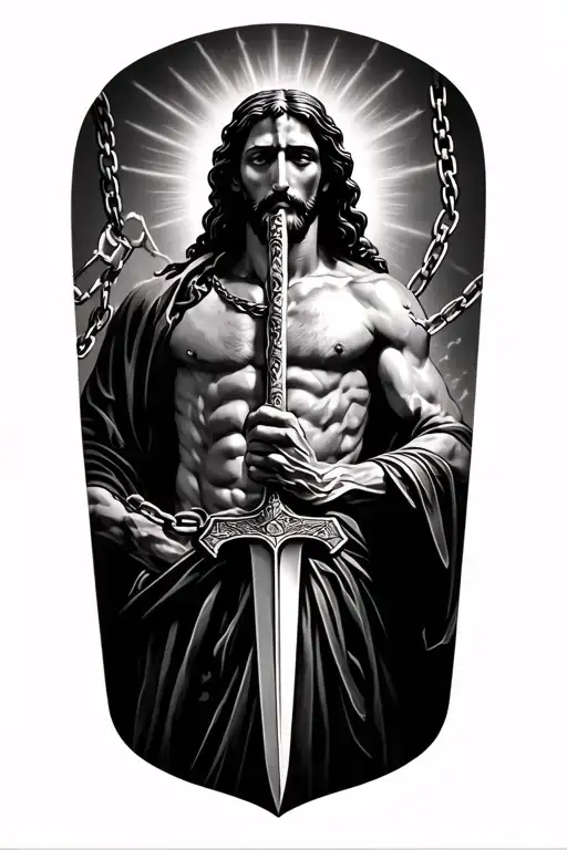 chains being broken with Jesus and sword  tattoo design idea