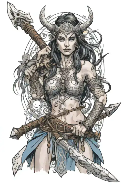 valkarie woman warrior, blue eyes, mostly nude, carrying axes tattoo design idea