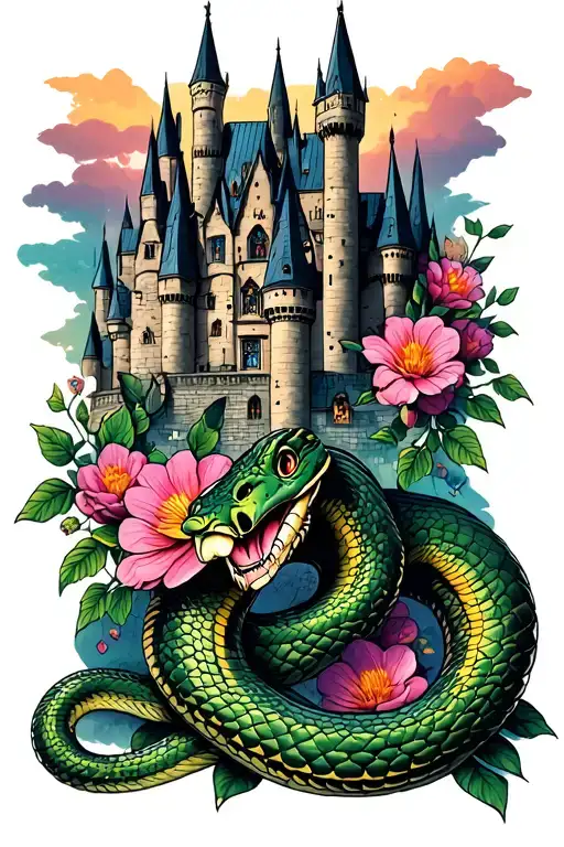 Hogwarts castle with snake and flowers as the background and put it in color. Feminine. tattoo design idea