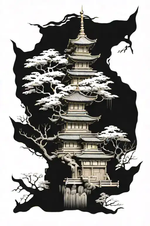 japanese temple surrounded tattoo design idea