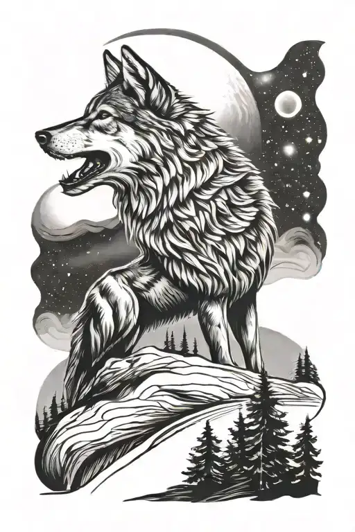 wolf howling at the moon with norther lights tattoo design idea