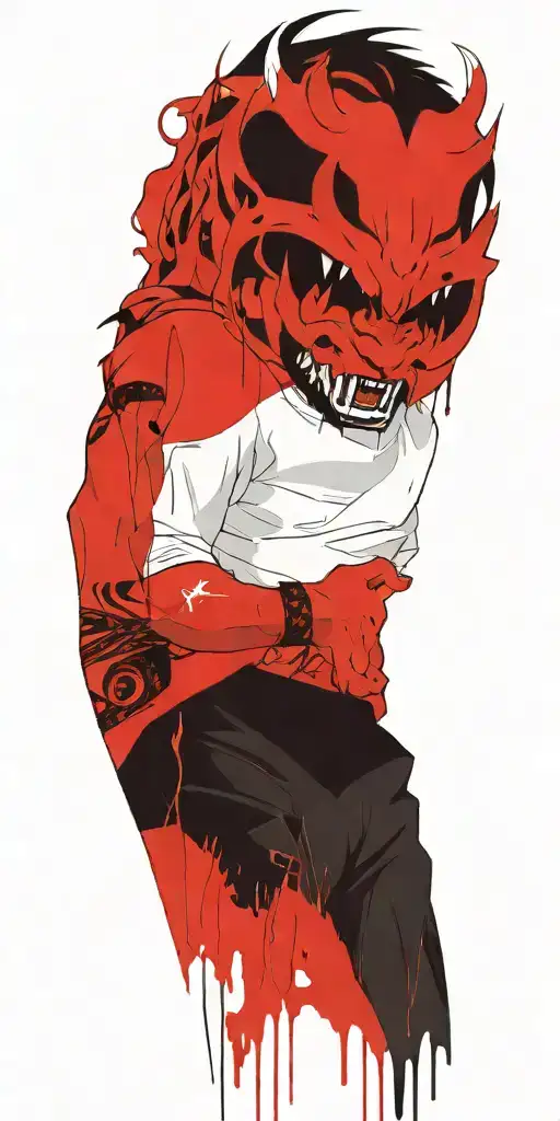 man wearing oni half mask fighting off inner demons  tattoo design idea