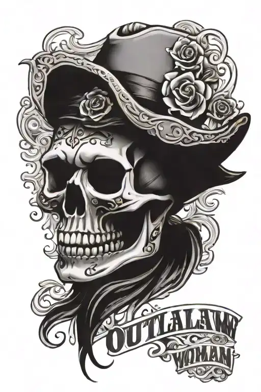western theme skull that says "OUTLAW WOMAN"  tattoo design idea