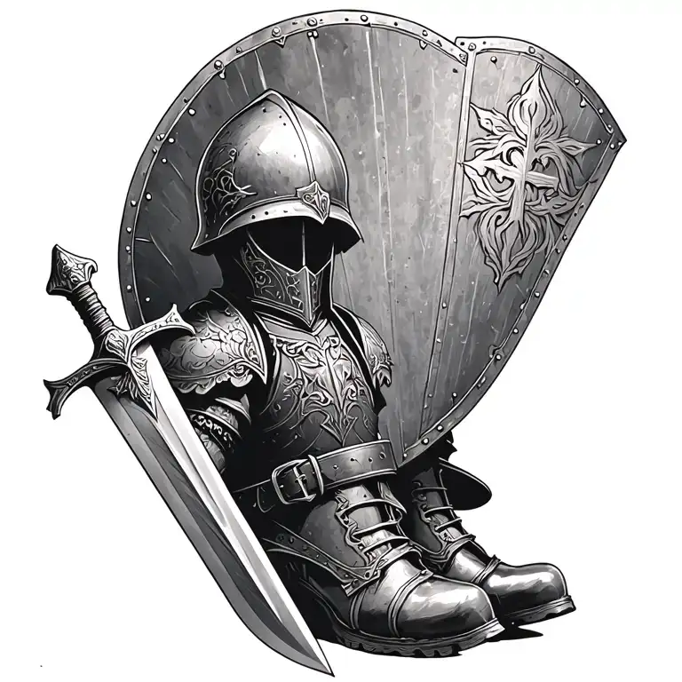 armor, sword, shield, helmet, belt, boots, ephesians 6:11 tattoo design idea