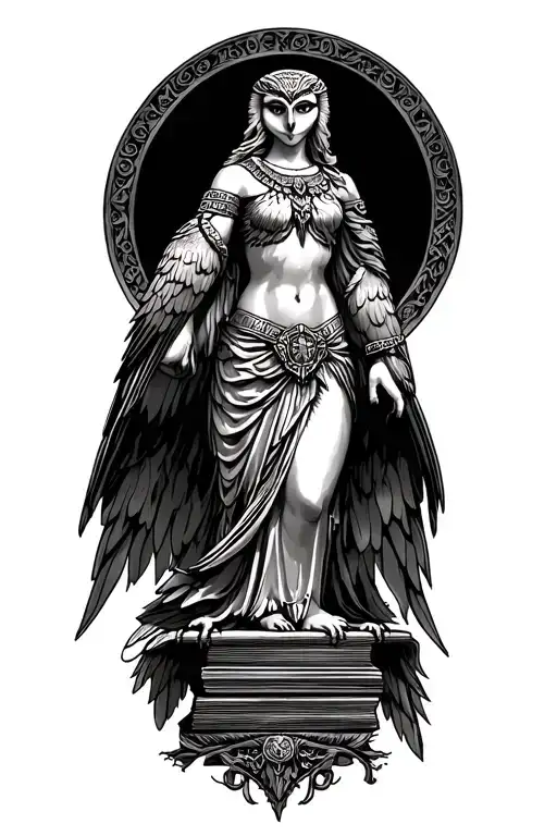 athena goddess and owl perched on a stack tattoo design idea