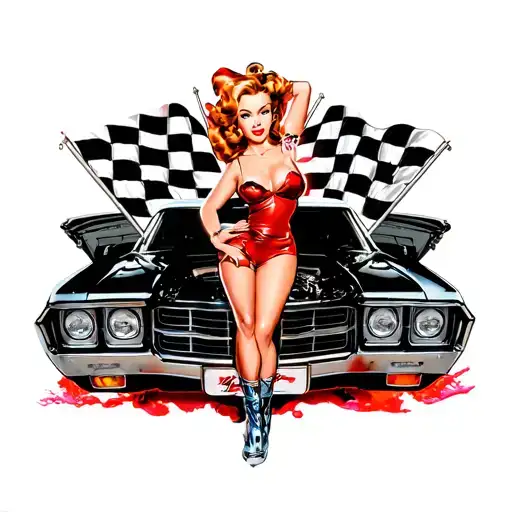 pinup girl with a chevelle front end and two checkard flags tattoo design idea