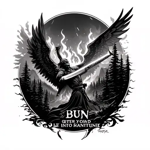 A forest fire rages in a mountain view — a fallen angel plummets, a sword driven through him. Below, the words burn into tattoo design idea